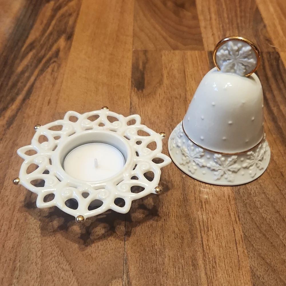 Lenox Shine Snow Lights Snowflake Collection Bell & Tealight Candle Holder Set